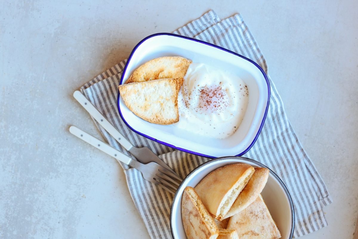 Slow poached eggs in yogurt with crispy pita triangles